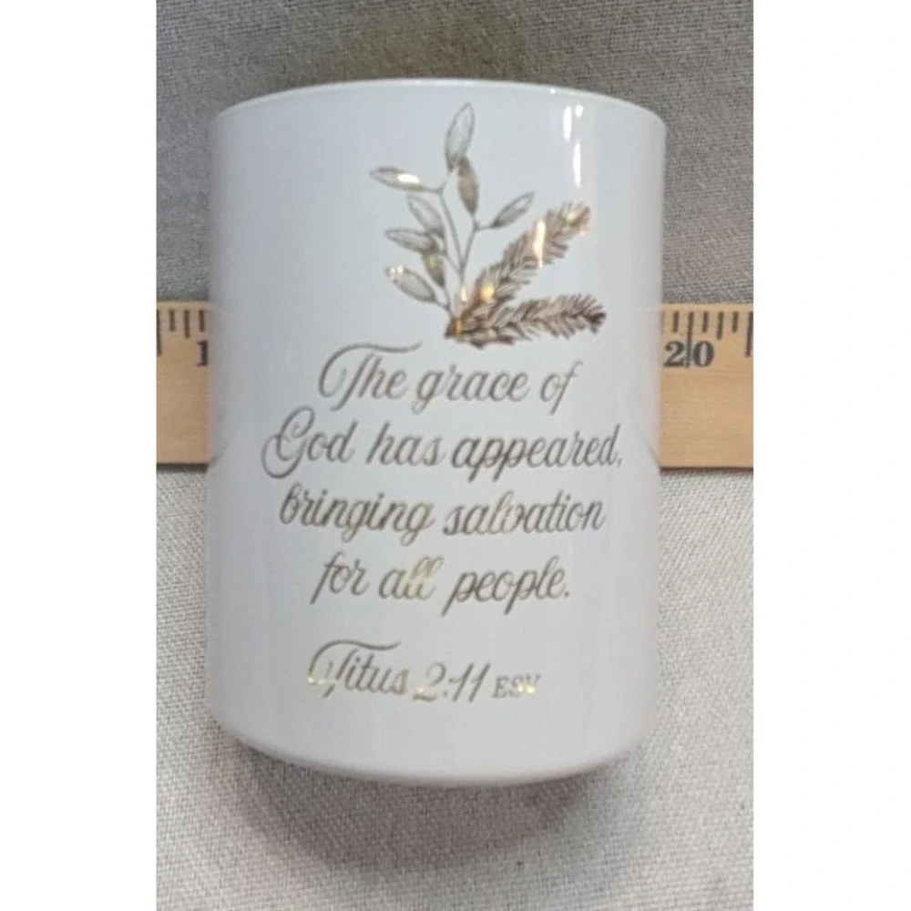 Grace Titus 2:11 Scripture Votive Holder White Gold Ceramic Religious Excellent